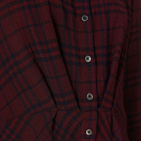 THAKOON COLLECTIVE Crinkle Crepe Plaid Dark Academia ShirtDress Maroon Designer - Picture 7 of 14